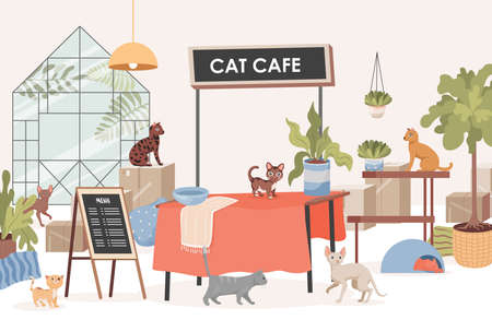 Cat cafe vector flat illustration. Pet cafe interior design with various cats. Small business concept.のイラスト素材