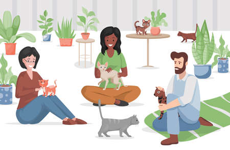 Cat cafe or pet store vector flat illustration. Happy women and man hugging domestic animals.のイラスト素材