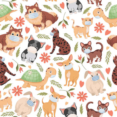 Domestic pets vector flat seamless pattern isolated on white background. Dogs, cats, rabbits, and turtles in masks.のイラスト素材