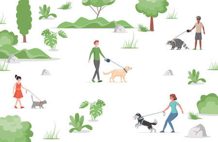 People walking in city park with domestic pets vector flat illustration. Pet owners spending time outdoor,のイラスト素材