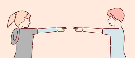 Happy smiling boy and girl standing opposite each other with outstretched arms vector cartoon outline illustration.のイラスト素材