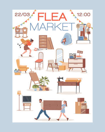 Flea market vector flat invitation poster design.People buying vintage clothes, furniture, and home decor.のイラスト素材