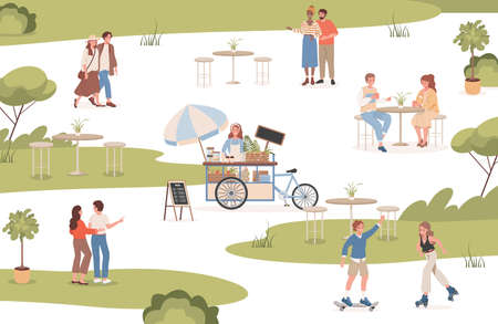 City park vector flat illustration. Happy smiling people spending summer weekend outdoor in urban park.のイラスト素材
