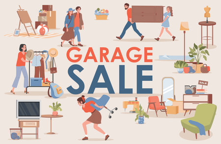Garage sale vector flat banner template. Happy smiling men and women buy and sell vintage clothes and furniture.のイラスト素材