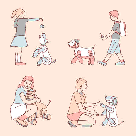 People walking and playing with mechanical pets vector cartoon outline illustration.のイラスト素材