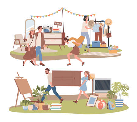 Garage sale outdoor vector flat illustration. People buying vintage clothes, goods, and home furniture at flea market.のイラスト素材