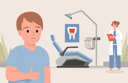 Pediatric dentistry clinic vector flat illustration. Little boy wearing dental braces, dentist near dental chair.のイラスト素材