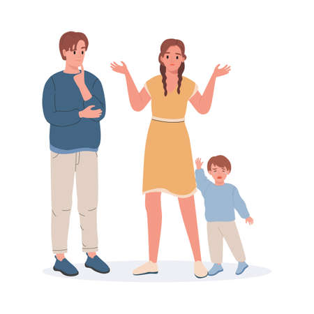 Upset and confused parents and crying little boy vector flat illustration isolated on white background.のイラスト素材