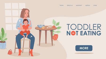Toddler not eating vector flat landing page template with text space. Motherhood, parenting website concept.のイラスト素材