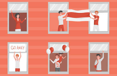 People protesting in Belarus vector flat illustration. People in red and white clothes standing near windows.のイラスト素材