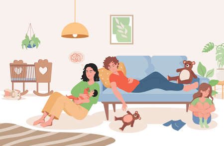Tired parents with little child in the living room vector flat illustration. Parenthood, parenting concept.のイラスト素材