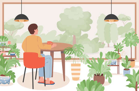 Man in restaurant or cafe vector flat illustration. Male character enjoying park view and drinking tea or coffee.のイラスト素材