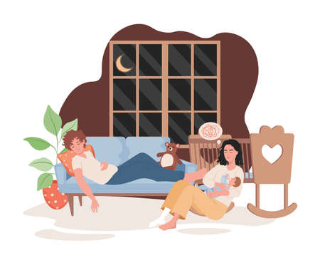 Sleepy parents spending time at night with child in living room vector flat illustration. Parenthood, parenting concept.のイラスト素材