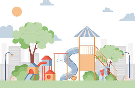 Children playground vector flat illustration. Swings, ball, toy horse, slide, seesaw at summer city park.のイラスト素材