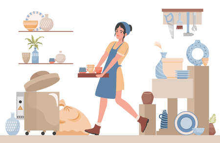 Woman clean pottery studio for pottery lessons vector flat illustration. Pottery workshop interior design.のイラスト素材