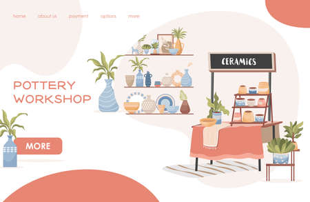 Pottery workshop vector flat landing page template. Handmade pottery, porcelain, ceramic vases, and pots.のイラスト素材