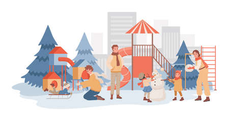 Parents spending time together with their children at winter playground vector flat illustration. Kids making snowman.のイラスト素材