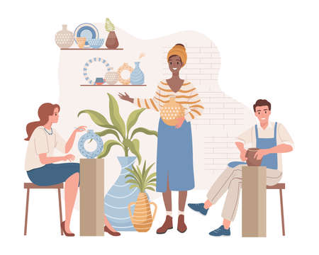 Woman teaching people on pottery lessons vector flat illustration. Man and woman making clay vases and pots.のイラスト素材