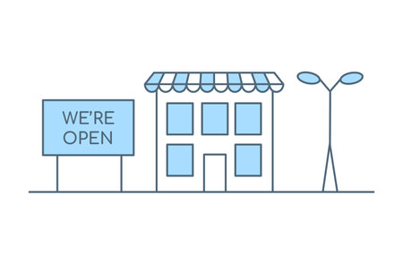 Building with sign we are open and street light vector flat line illustration isolated on white background.のイラスト素材