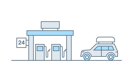Gasoline fuel station and car with baggage on the roof vector flat line illustration isolated on white background.のイラスト素材