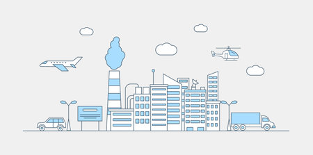 Modern city landscape vector flat line illustration. Buildings, car, truck, plane, helicopter icons for website design.のイラスト素材
