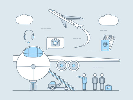 Air travel application vector outline illustration. Plane with ramp, flying plane, passports with tickets and airport staff.のイラスト素材