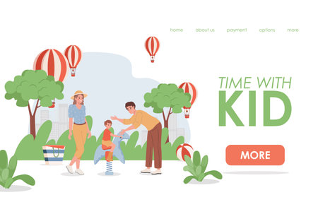 Time with kid vector flat landing page template. Happy smiling family spending summer weekend together.のイラスト素材