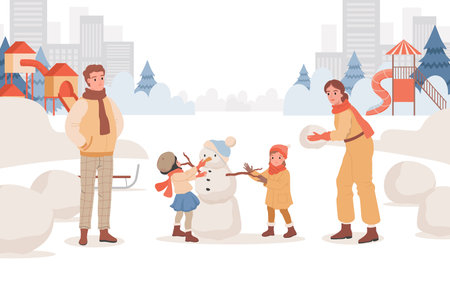 Happy smiling parents spending weekends with their children outdoor at winter city park vector flat illustration.のイラスト素材