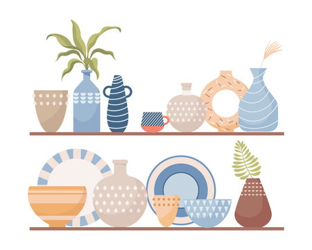 Different handmade ceramics for home decoration vector flat illustration isolated on white background.のイラスト素材