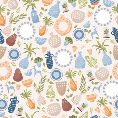 Pottery vector flat seamless pattern. Modern ceramics, plates, cups, vases, mugs. Kitchen utensil, tableware.のイラスト素材