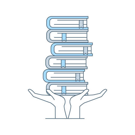 Hands holding pile of books vector cartoon outline illustration isolated on white background.のイラスト素材
