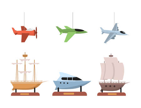 Set of planes and boats vector flat illustration isolated on white background. Collecting, children toys elements.のイラスト素材