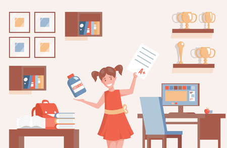 Girl holding school test with A plus result and plastic bottle with vitamins vector flat cartoon illustration.のイラスト素材