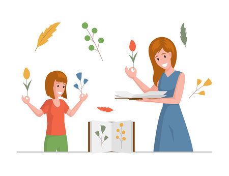 Mother and her daughter collecting dried flowers and herbs vector flat illustration. Handmade herbarium hobby.のイラスト素材