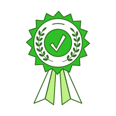 Achievement green medal with ribbons and check mark vector cartoon outline illustration.のイラスト素材