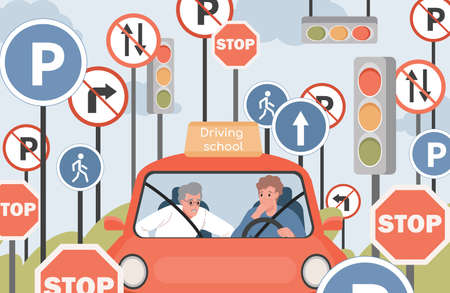 Driving school vector flat illustration. Car instructor and student sit in car and looking at the road.のイラスト素材