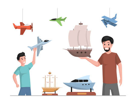 Happy father and son playing and collecting with toy airplanes and boats vector flat illustration.のイラスト素材