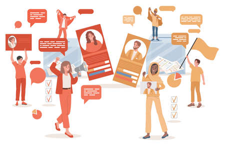 Young women and men holding placards with political candidates and call to vote vector flat illustration.のイラスト素材