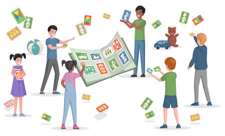 Happy smiling children playing with postage stamps, glue stickers in book, playing cards vector flat illustration.のイラスト素材