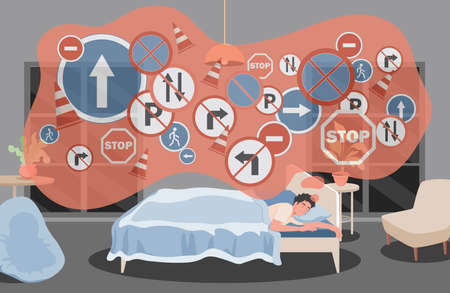 Man sleeping in bed at night and dreaming about road signs, traffic rules, driving lessons vector flat illustration.のイラスト素材