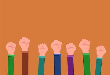 Fists hands up vector flat illustration isolated on orange background. Unity, teamwork, fight, cooperation.のイラスト素材