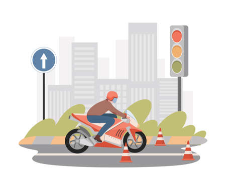 Moto school vector flat illustration. Man riding on motorbike, learn rules to pass driving exams.のイラスト素材