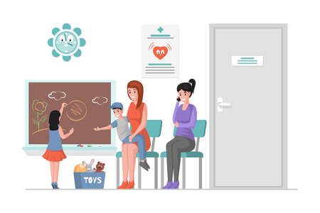 Happy smiling women sitting in line in pediatric clinic vector flat cartoon illustration. Healthcare concept.のイラスト素材