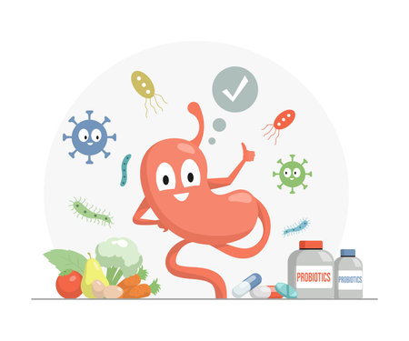 Stomach thumbs up vector flat cartoon illustration. Vitamins, supplements, and minerals for health.のイラスト素材