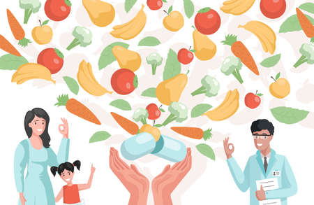 Pills full of vitamins, and minerals vector flat cartoon illustration. Capsule with fruits and vegetables.のイラスト素材