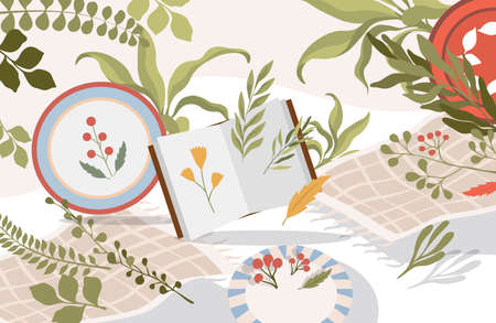 Dried flowers and herbs vector flat illustration. Dried plants in book. Handmade herbarium hobby concept.のイラスト素材
