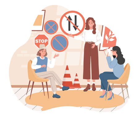 Group of happy smiling women learning driving theory, road signs, traffic rules vector flat illustration.のイラスト素材