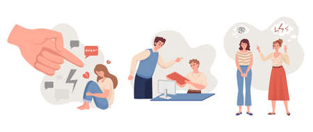 Emotional abuse vector flat illustration. Depressive woman crying against pointing hand, man yelling on colleague.のイラスト素材