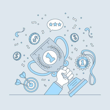 Hand holding first place cup vector cartoon outline illustration. Best place in competition, cash or money prize.のイラスト素材