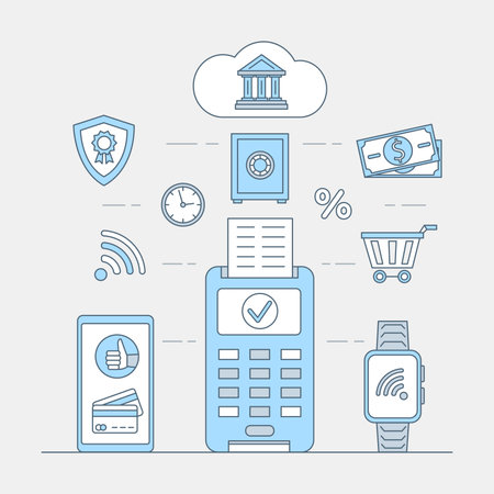 Contactless payment with watches or smartphone vector cartoon outline illustration. Online shopping concept.のイラスト素材